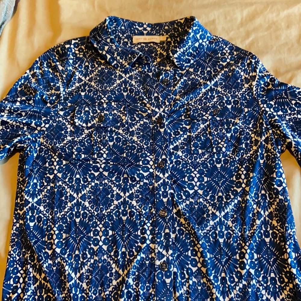 Tory Burch blue and white short sleeved button up shirt